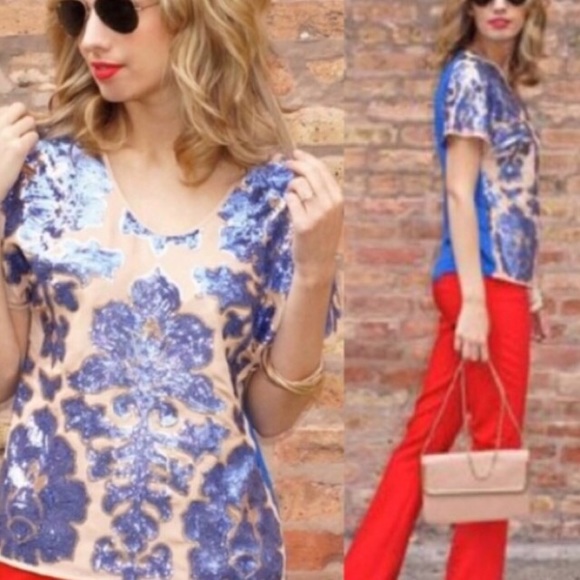 NWT Neiman Marcus x Target Blue & Tan Sequin Top - Picture 5 of 7